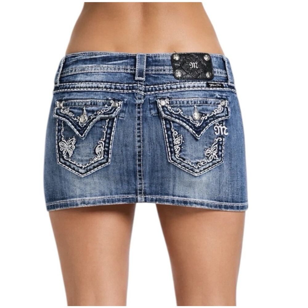 VTG Miss Me Jean Skirt Womens 30 Denim Mini Embellished Rhinestone Bling Y2K